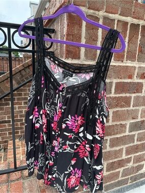 Tribal Black Tank with Pink & White Floral and Crochet Trim
